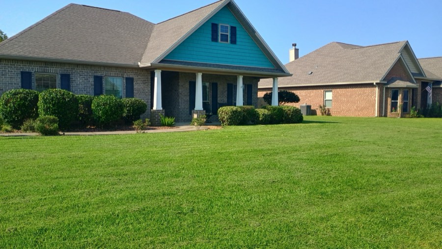 A finished front lawn — even green turf sweeping up to a craftsman home under a blue sky