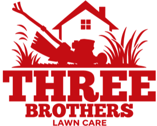 Three Brothers Lawn Care logo — red mower, house, and grass artwork